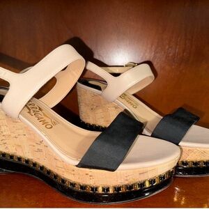 Salvatore Ferragamo Black and Cream Wedge Sandals